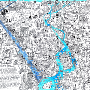 Das ganze Wimmelbild mit den zwei Flüssen.