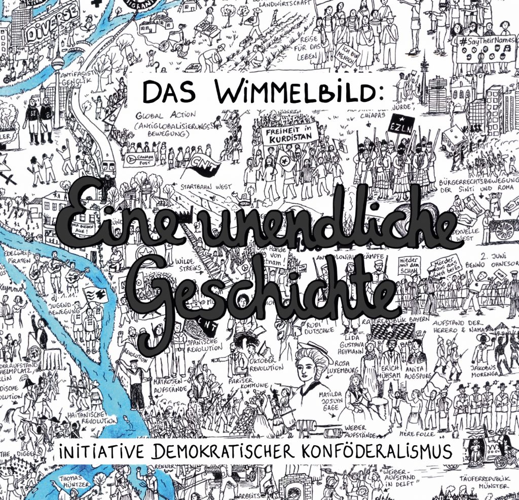 Titelbild mit Ausschnitt des Wimmelbild darüber der Titel des Buches "Eine unendliche Geschichte"